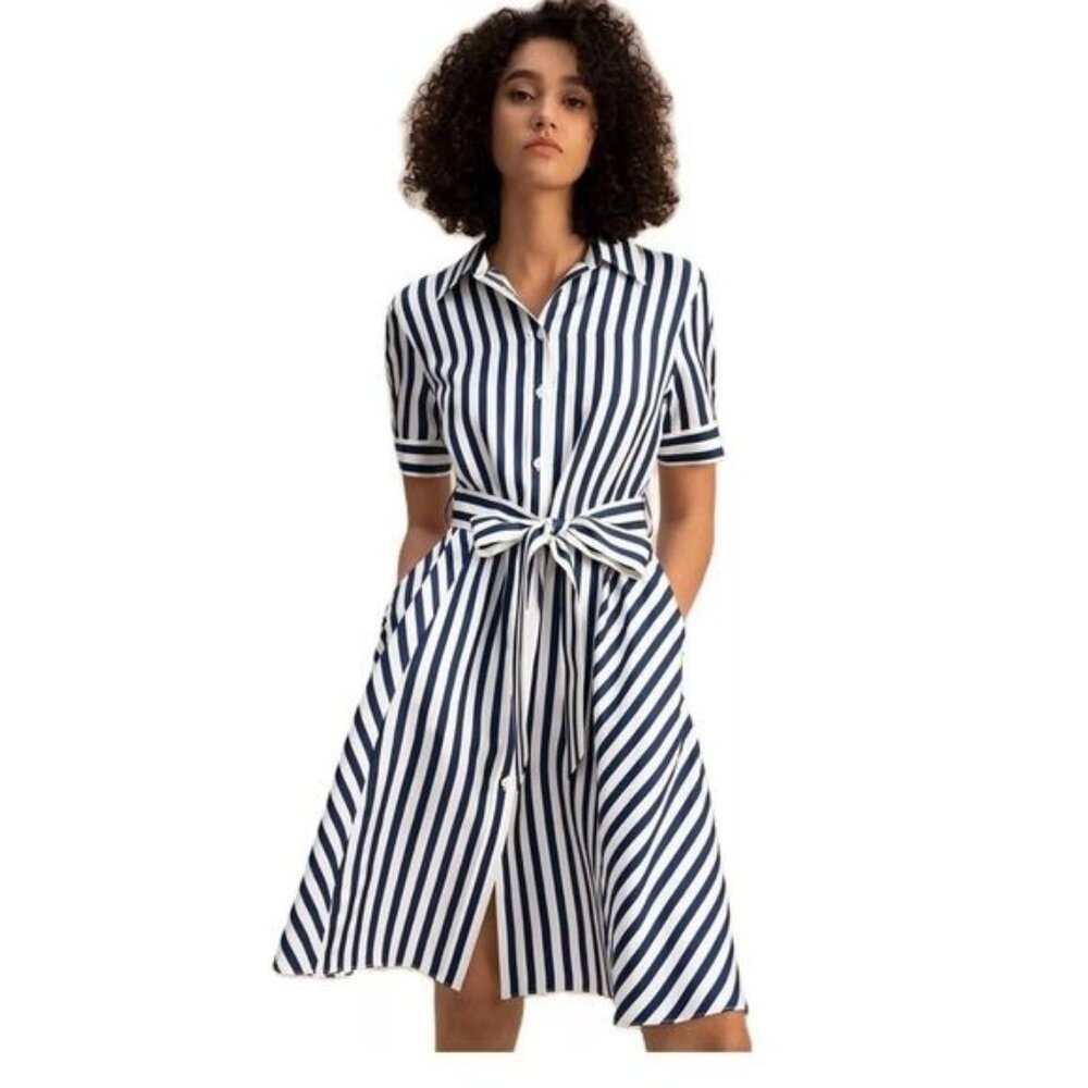 Cato White & Black Stripe Shirtdress Belted Dress Size Small - Picture 1 of 10